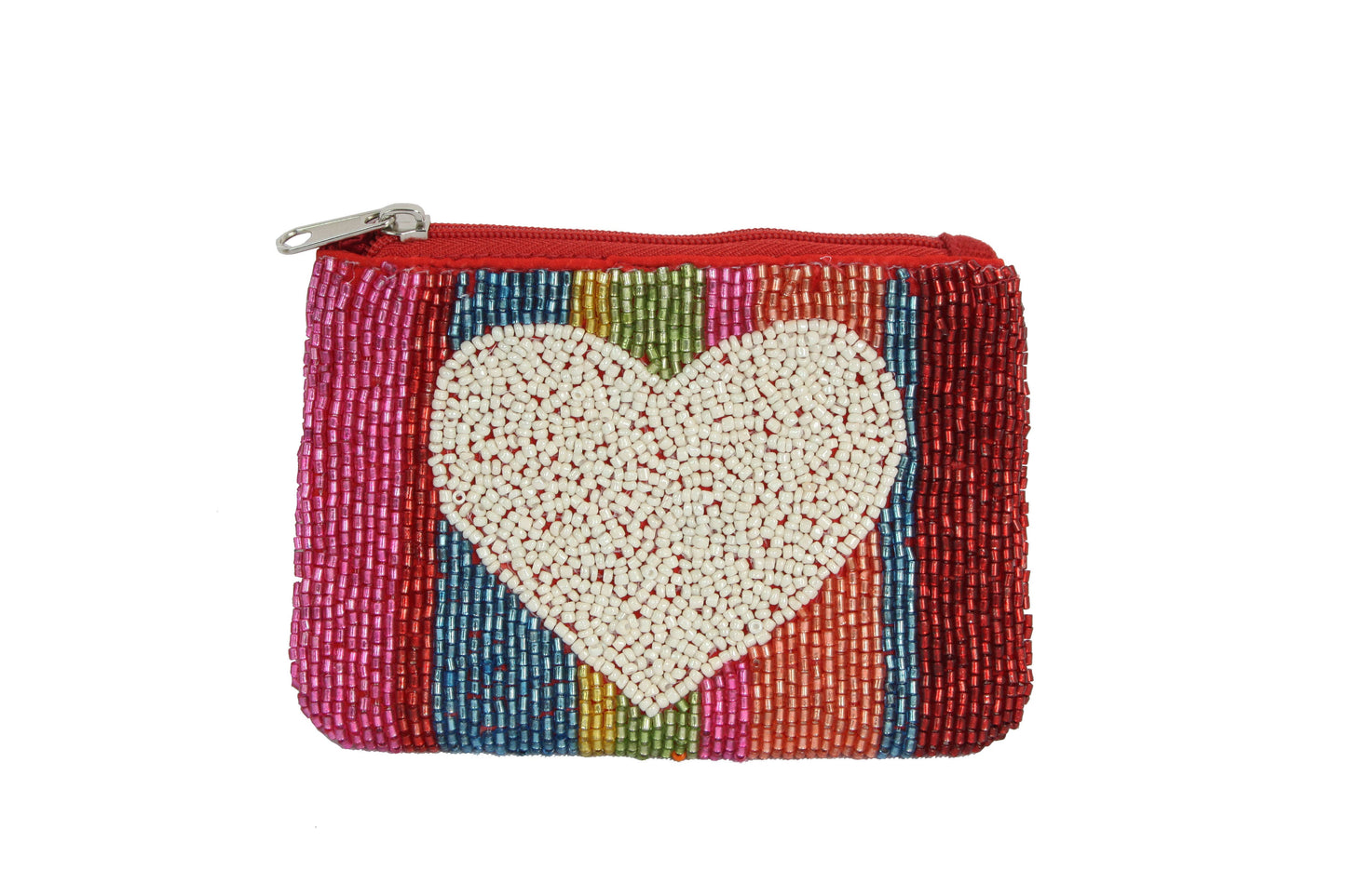 Fully Beaded Rainbow Colored Heart Theme Ladies Coin Purse