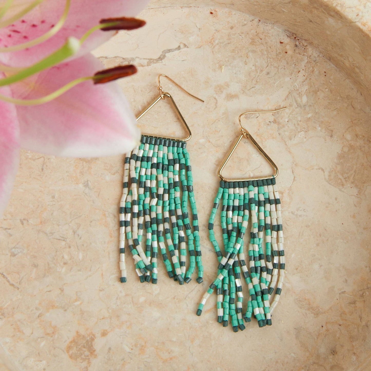 Aqua Beaded Rectangle Dangle Earrings