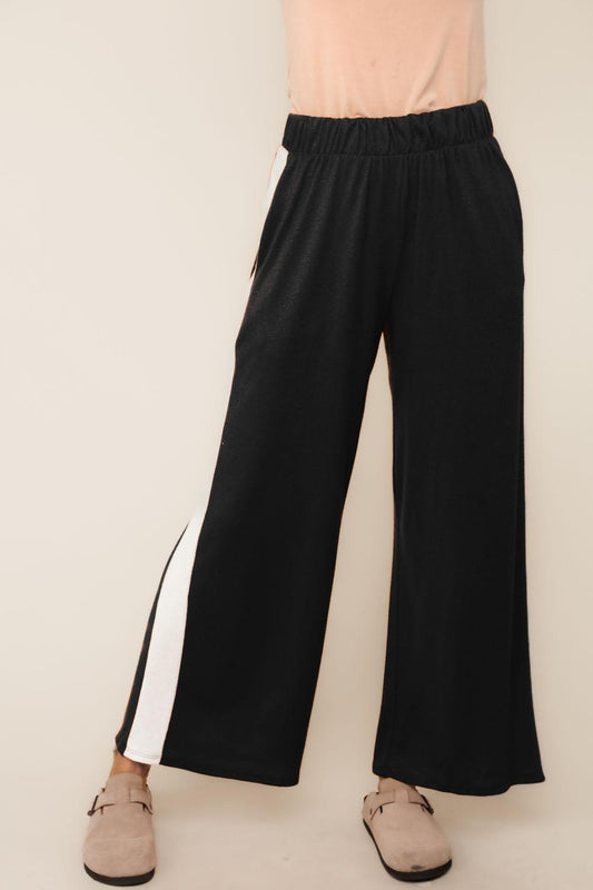 Black Elastic Waist  Knit Jogger Pants with Gray Stripe