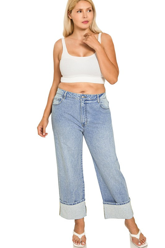 High Rise Cuffed Wide Leg Jean