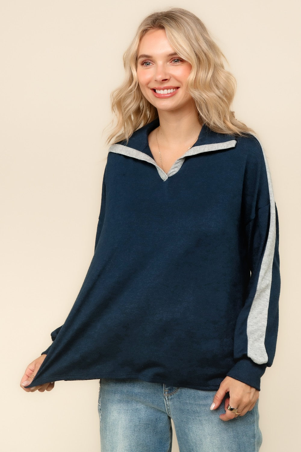 Navy Loose Fit Hacci Knit Top with Notched Collar