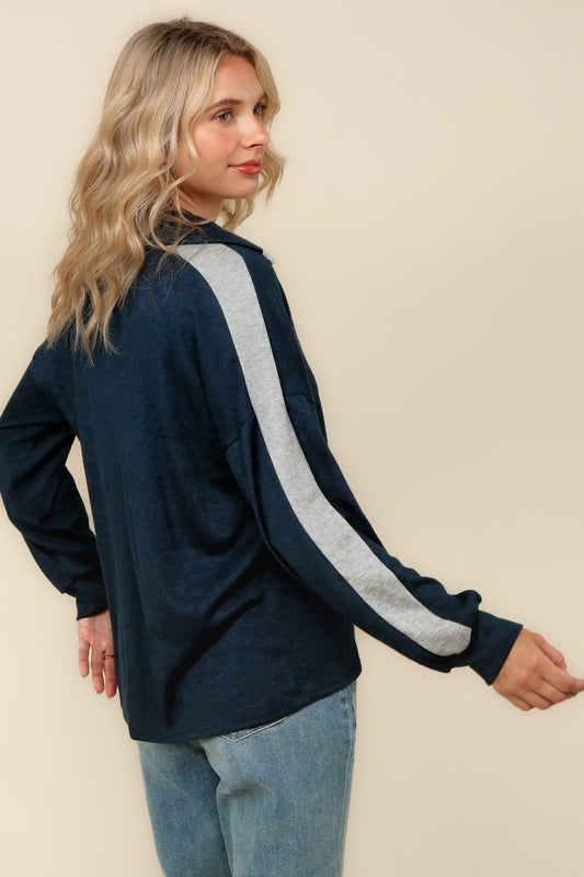 Navy Loose Fit Hacci Knit Top with Notched Collar