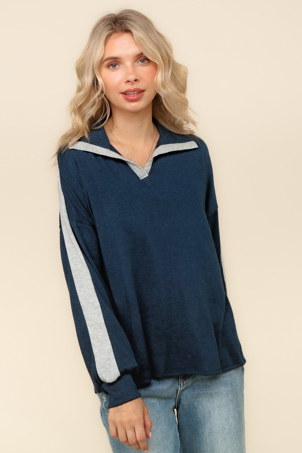Navy Loose Fit Hacci Knit Top with Notched Collar