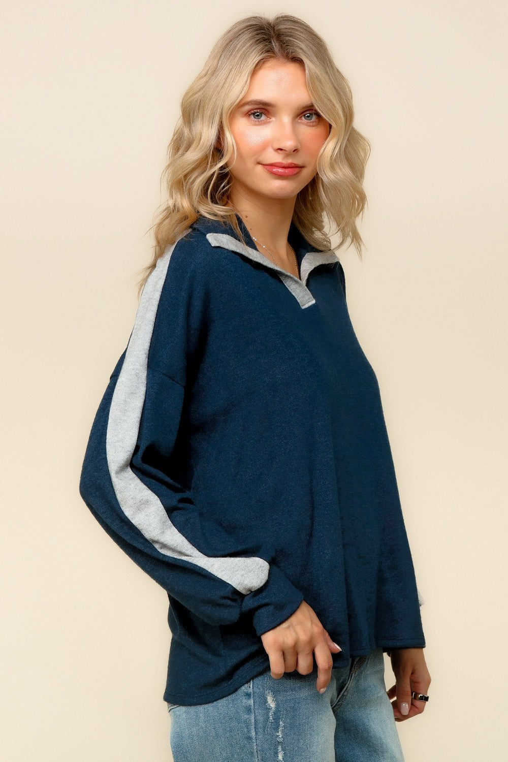 Navy Loose Fit Hacci Knit Top with Notched Collar