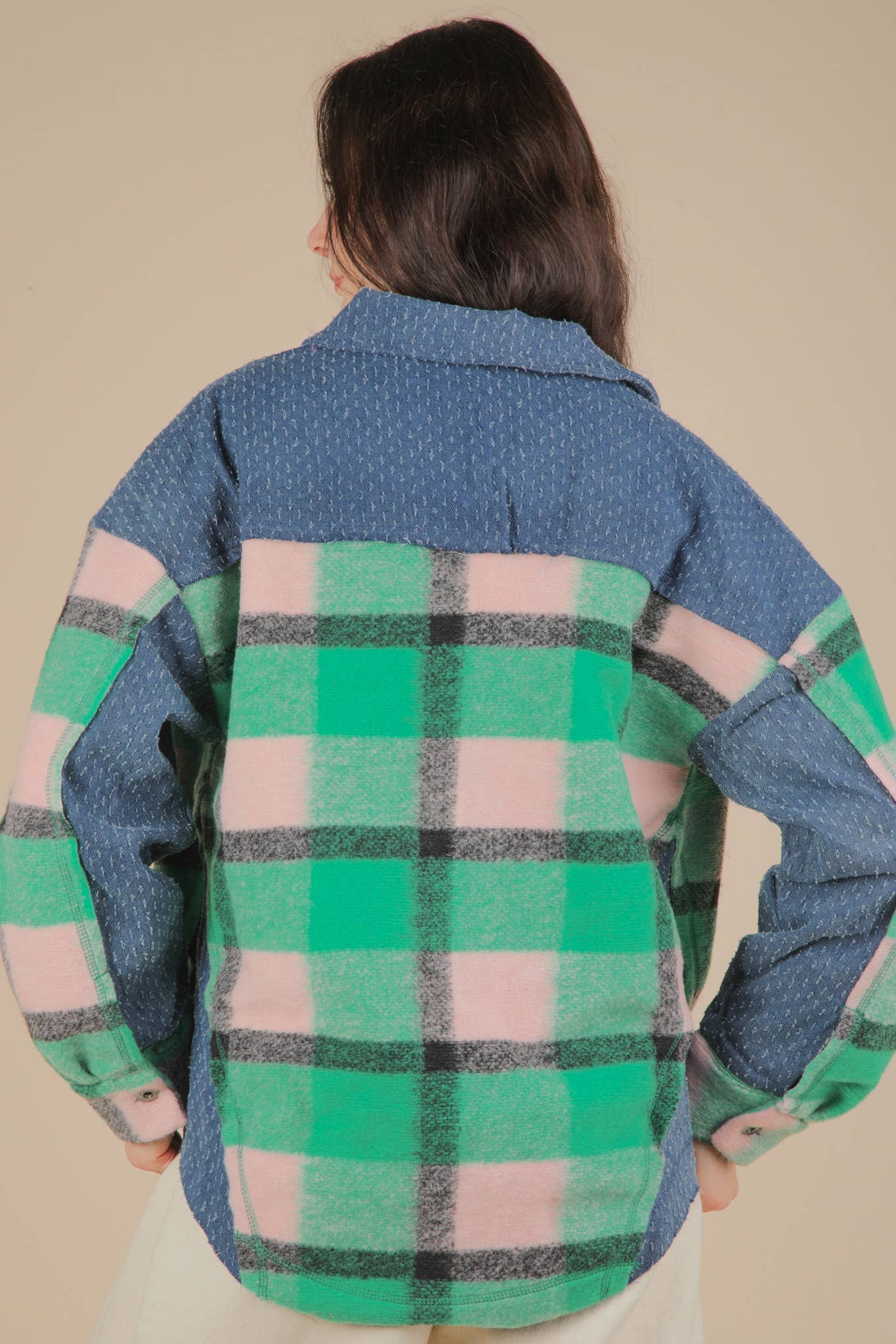 Textured Denim Contrast Plaid Shacket Jacket
