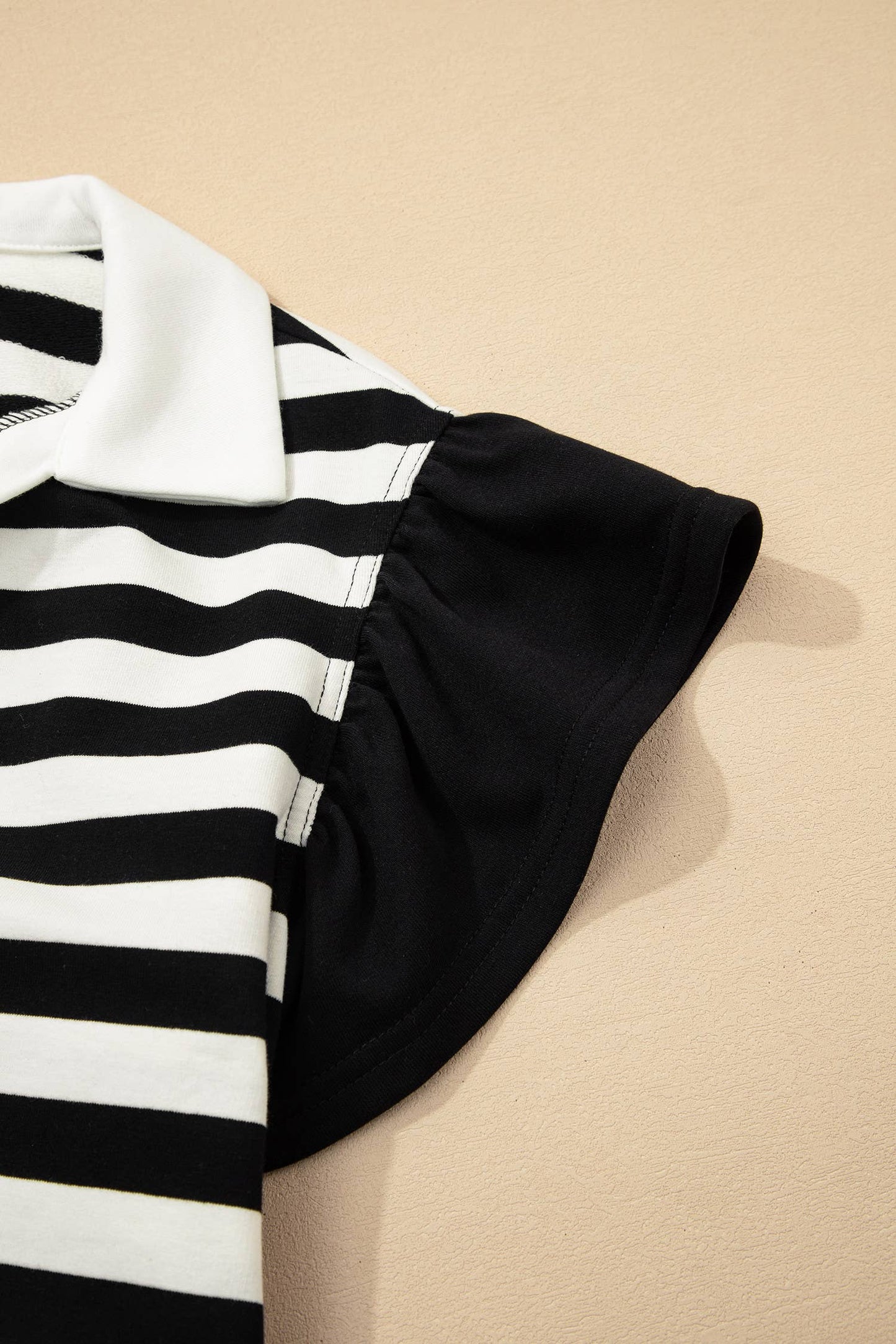 Stripe Collar V Neck Ruffled Short Sleeve Blouse