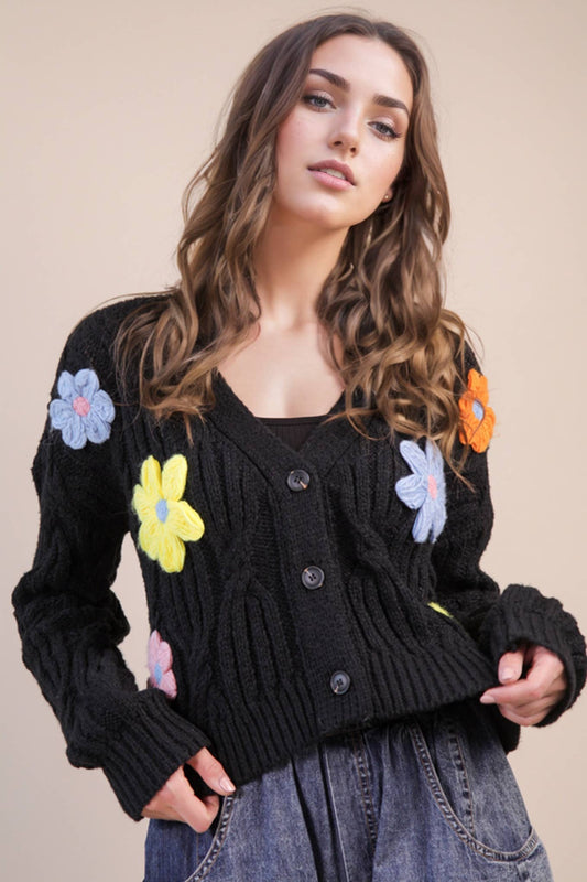 Flower Applique Knit Sweater Cardigan
