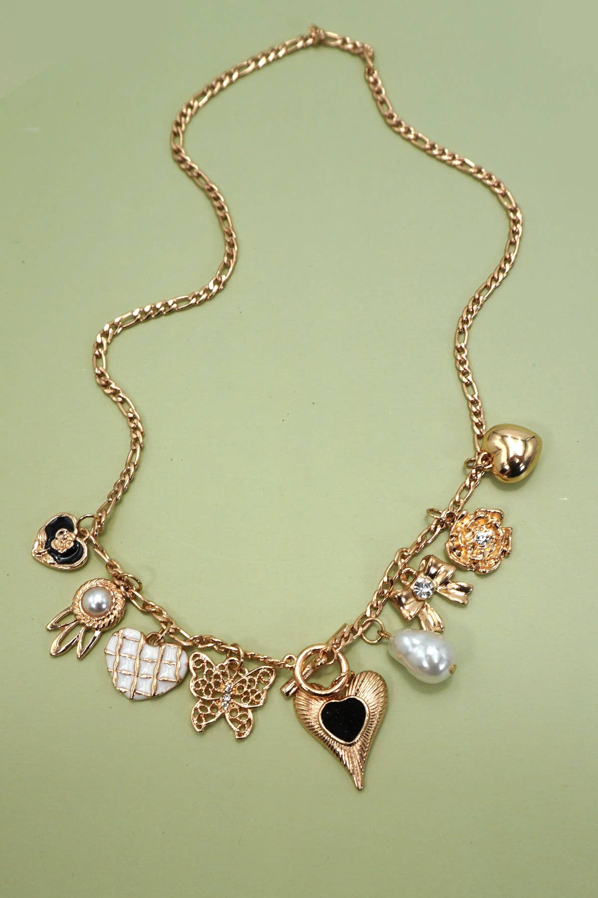Heart, Bow, Pearl Charm Necklace