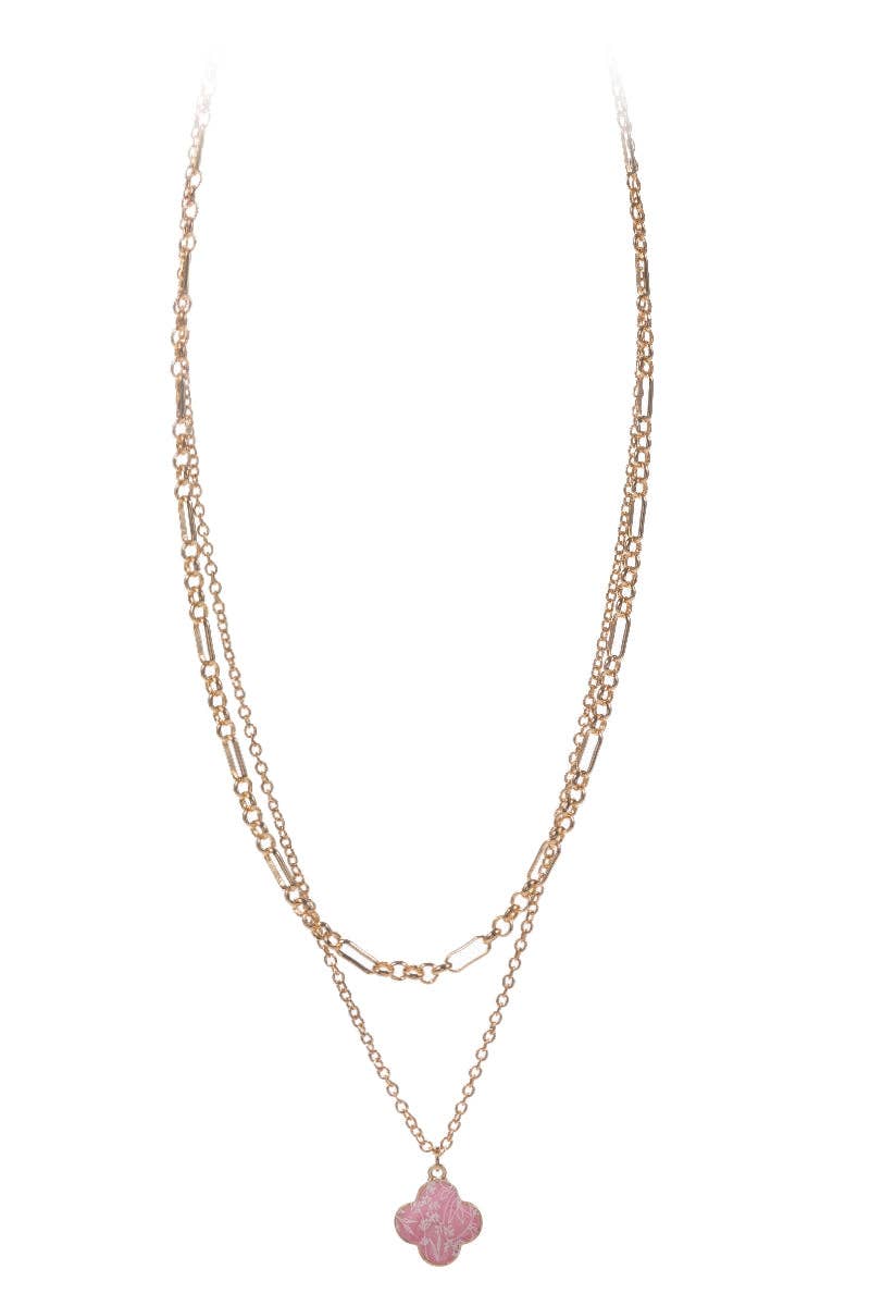 Pink Floral Print Clover Charm Layered Necklace