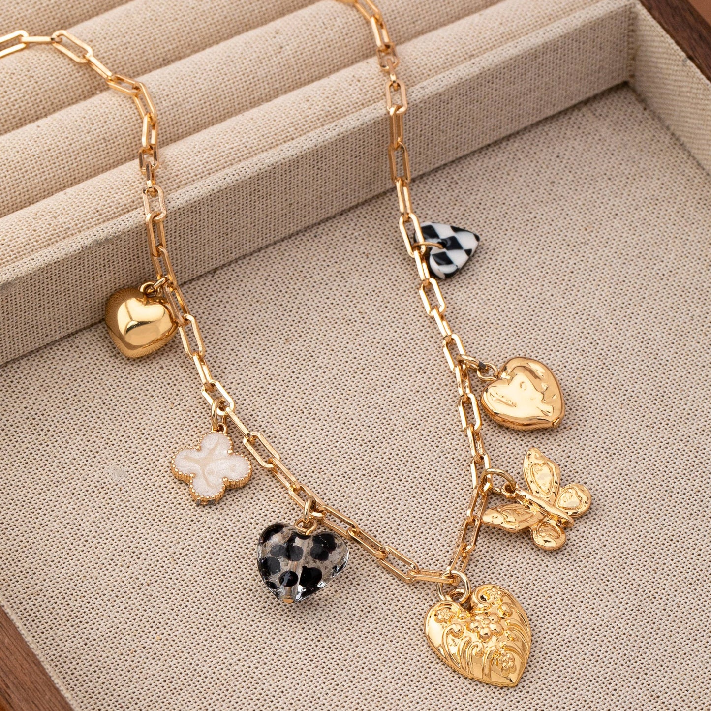 Rhinestone and Checkered Heart Charm Necklace