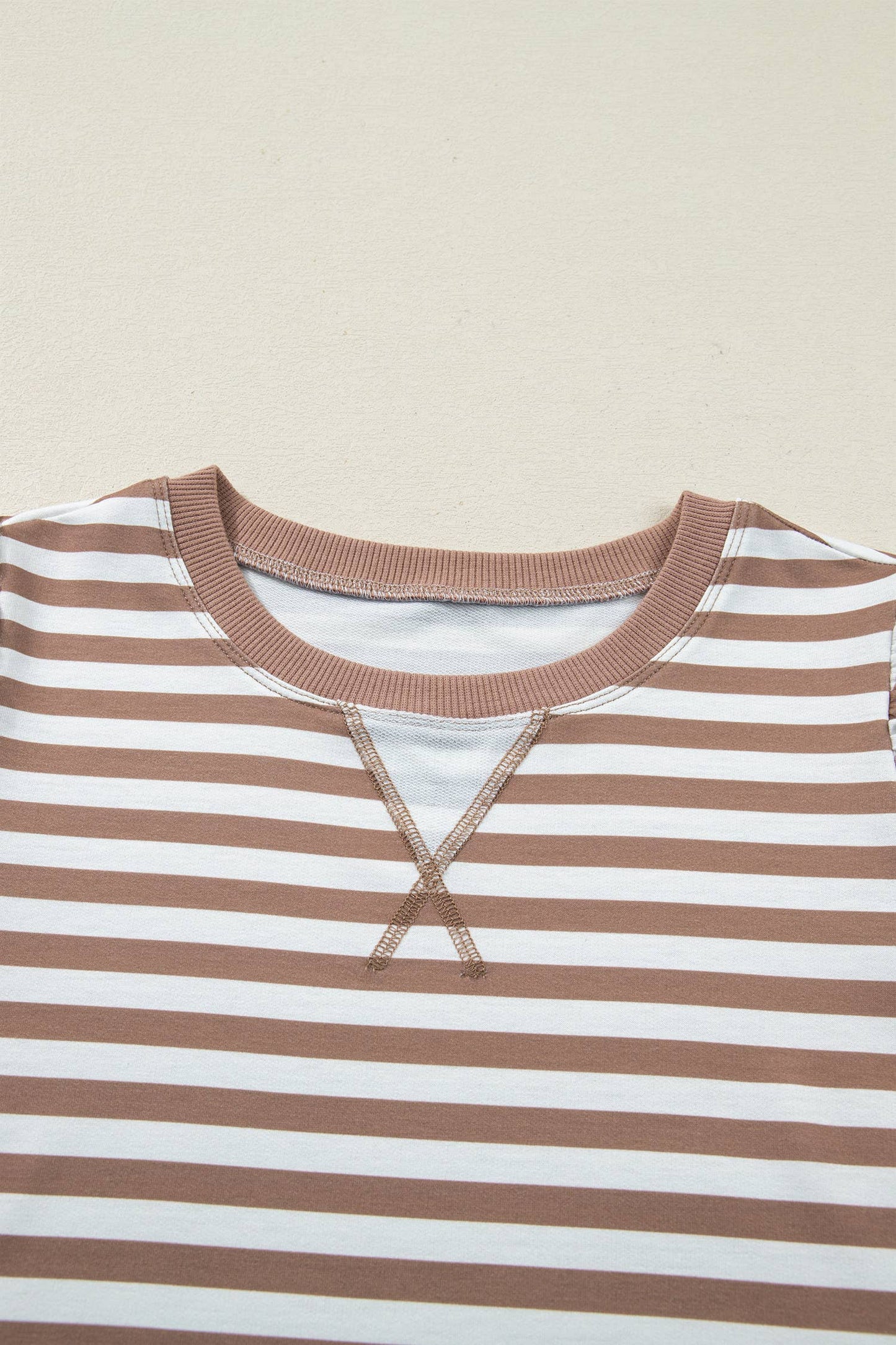 Brown Striped Short Bubble Sleeve Top with Banded Bottom