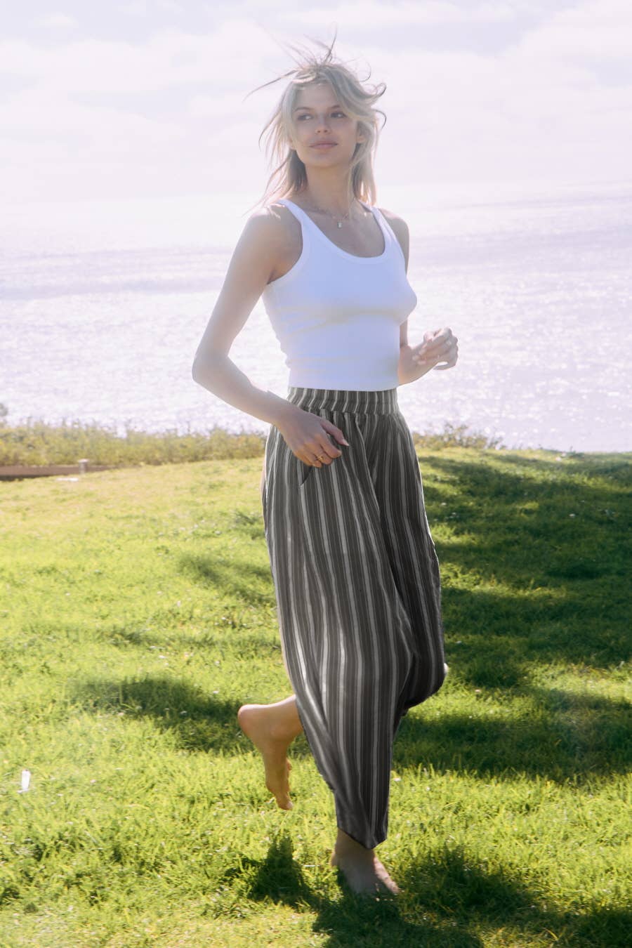 Blue and White Striped Relaxed Barrel Leg Pull On Pants