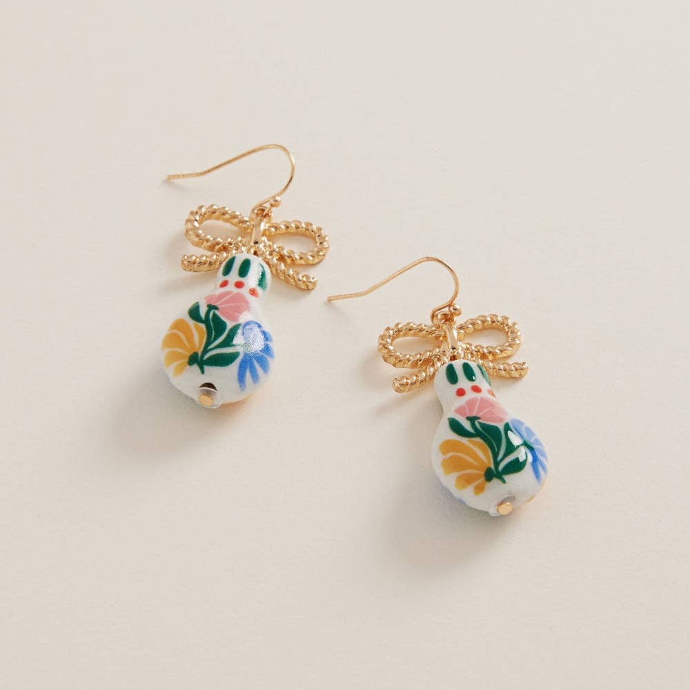 Floral Ceramic Bead with Metal Bow Dangle Earrings