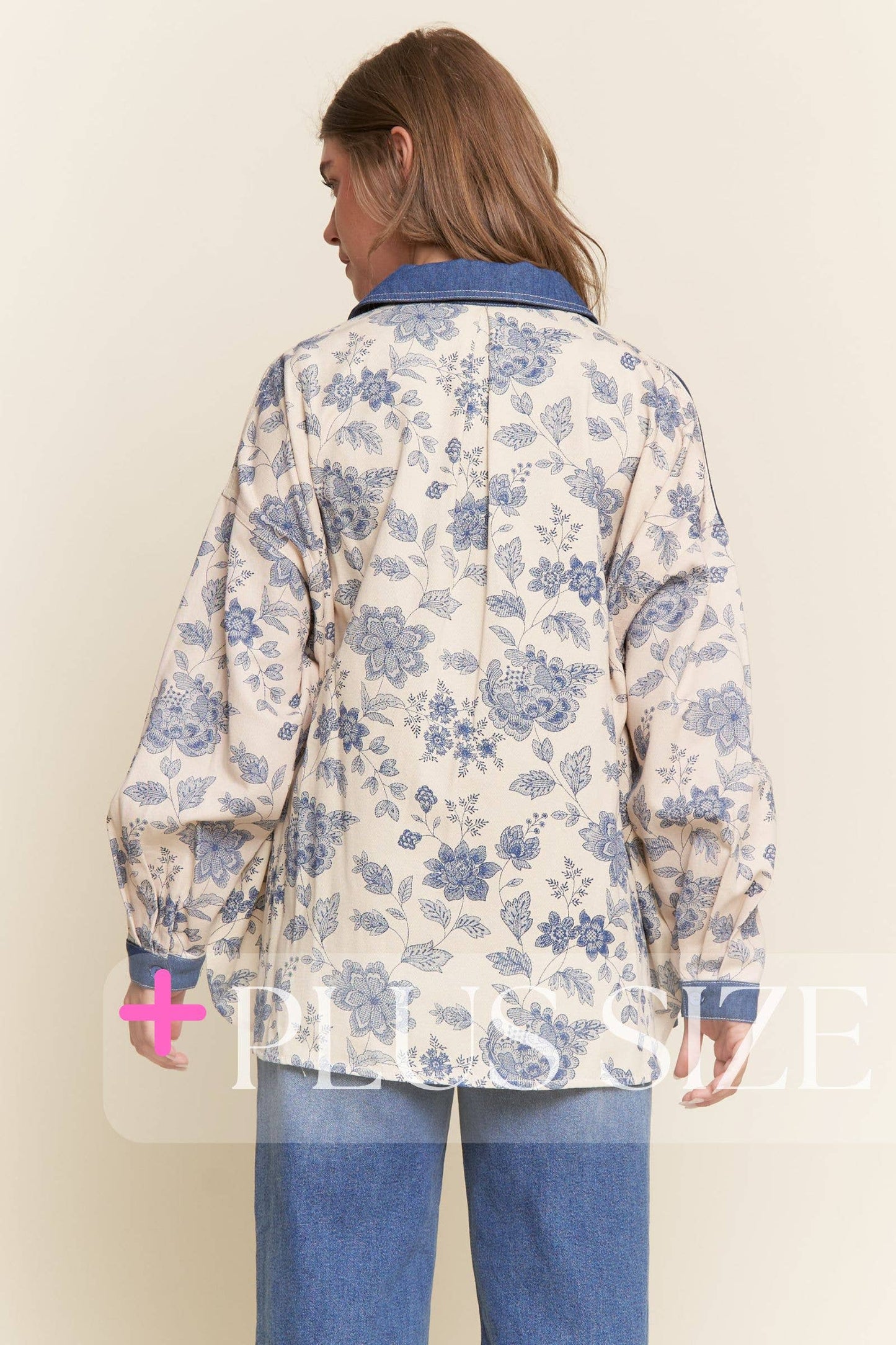 Denim Floral Print Color Block Button Up Top