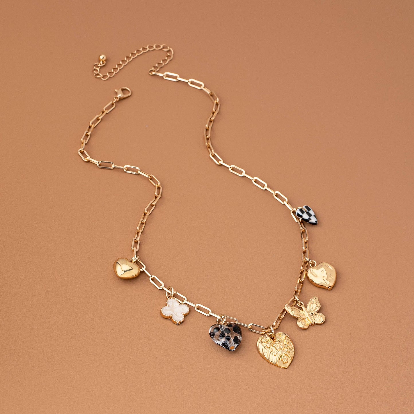Rhinestone and Checkered Heart Charm Necklace