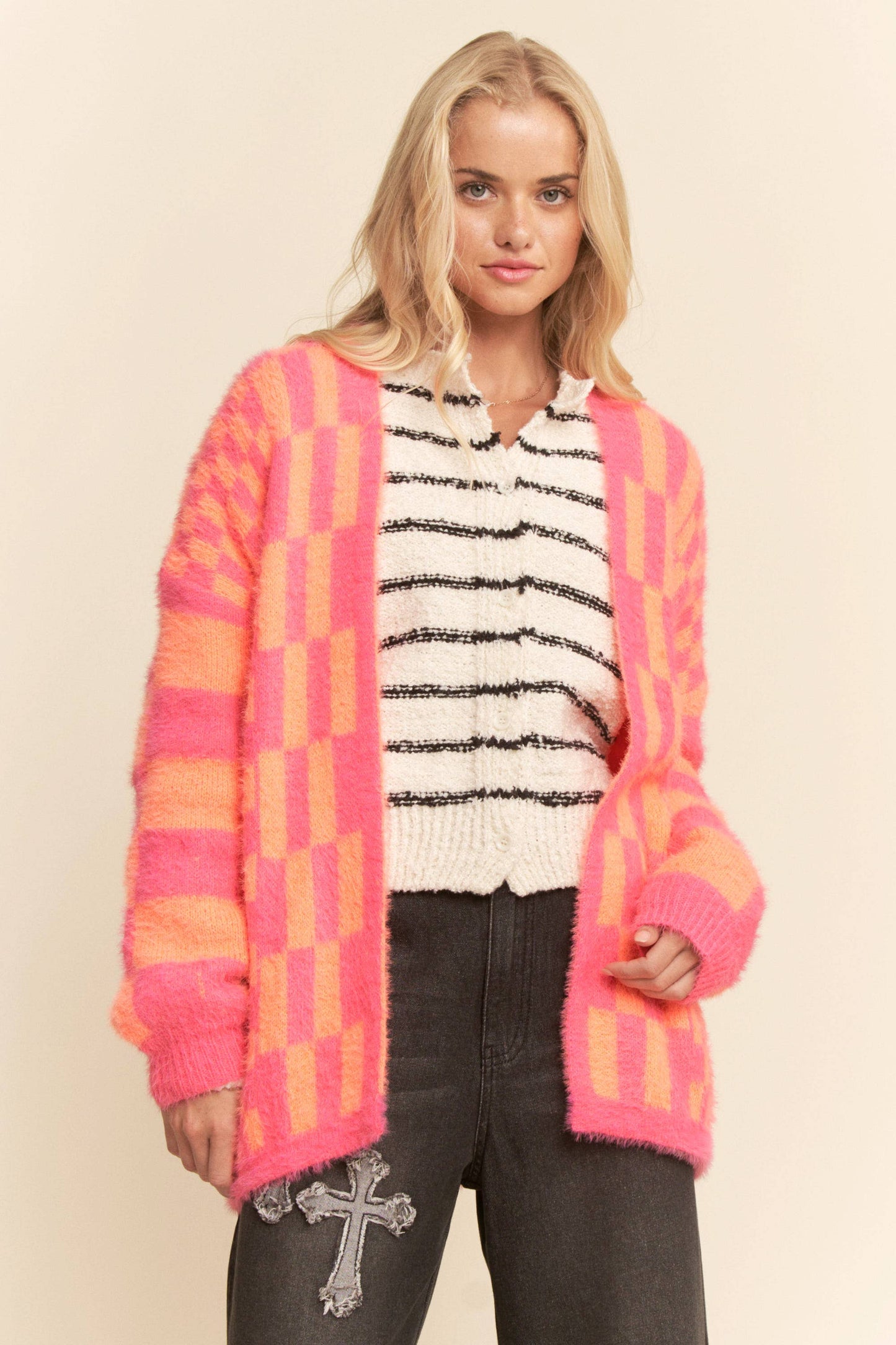 Pink and Orange Checkered Cardigan