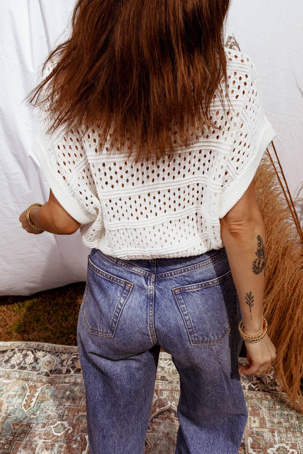 Hollow Out Knit Round Neck Dolman Sweater