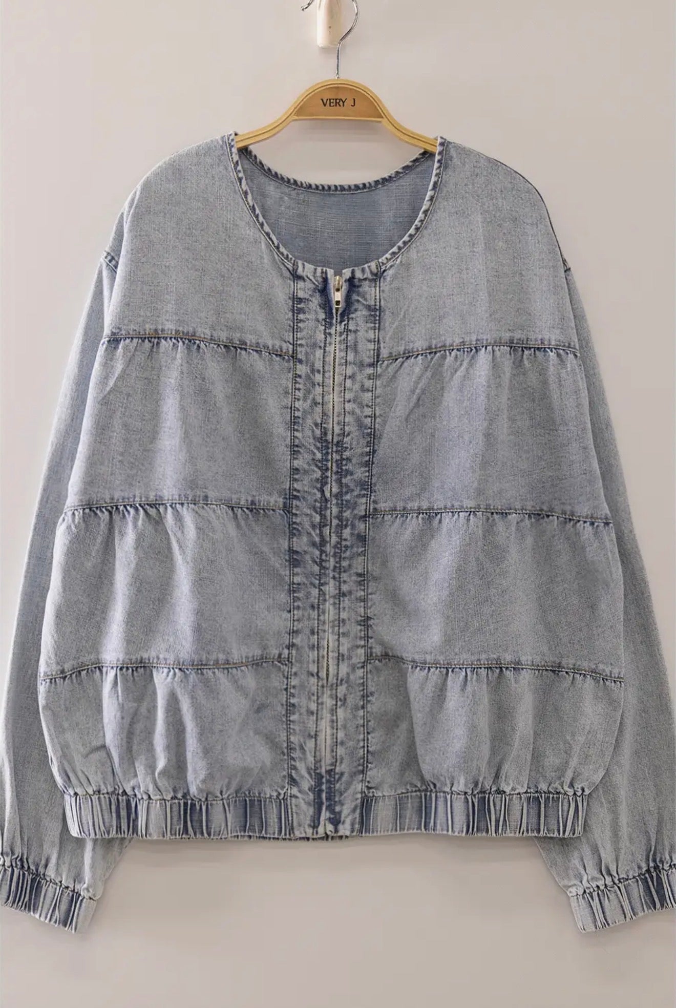 Ruched Washed Denim Bomber Jacket