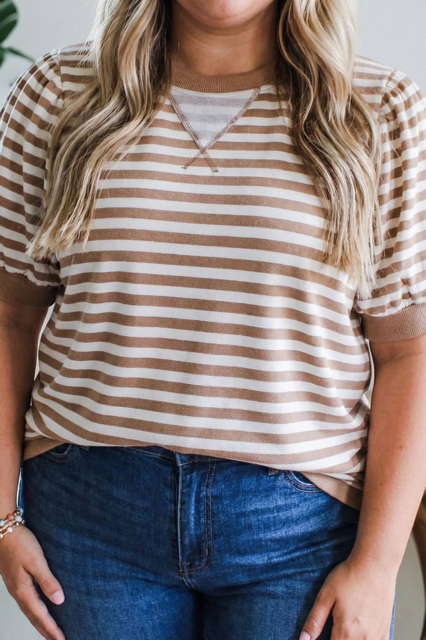 Brown Striped Short Bubble Sleeve Top with Banded Bottom