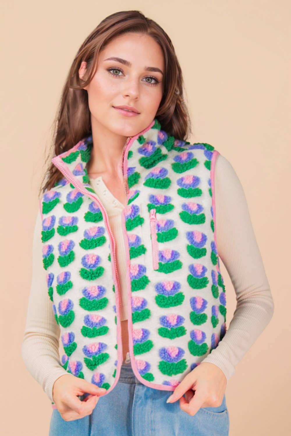 Textured Bow & Floral Printed Vest