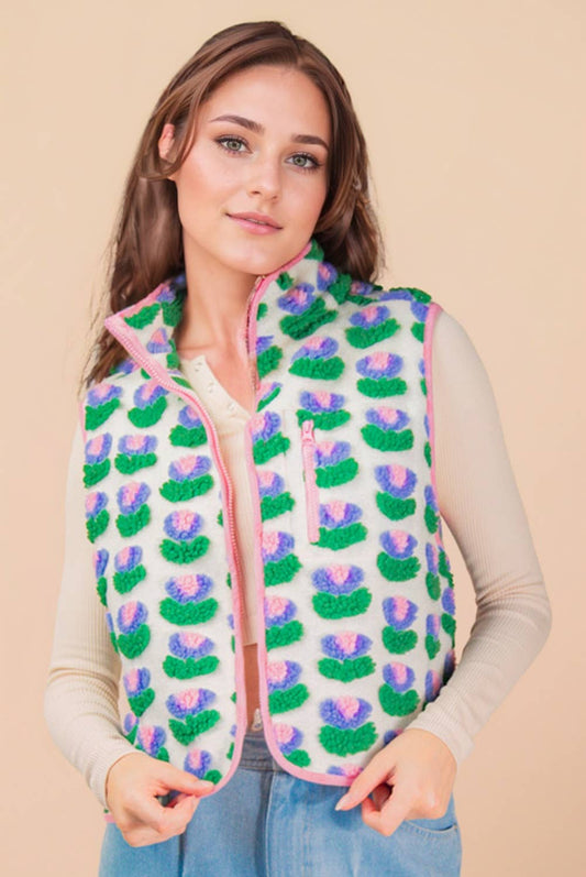 Textured Bow & Floral Printed Vest