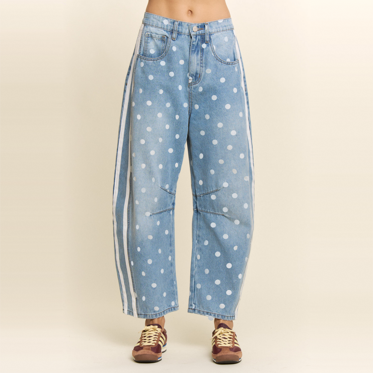 Polka Dot Side Stripe Barrel Jeans