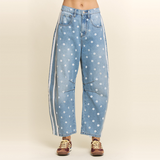 Polka Dot Side Stripe Barrel Jeans