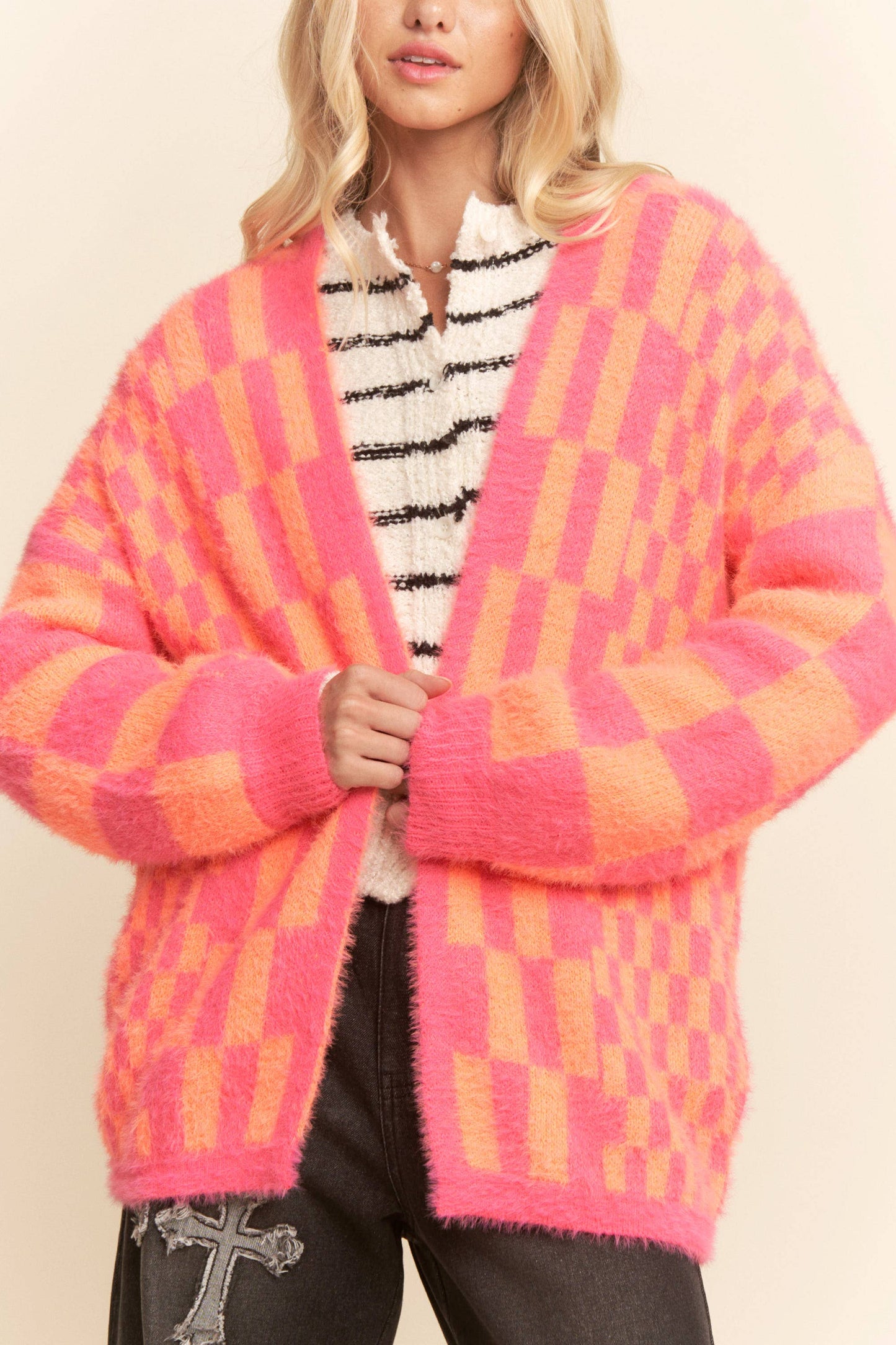 Pink and Orange Checkered Cardigan