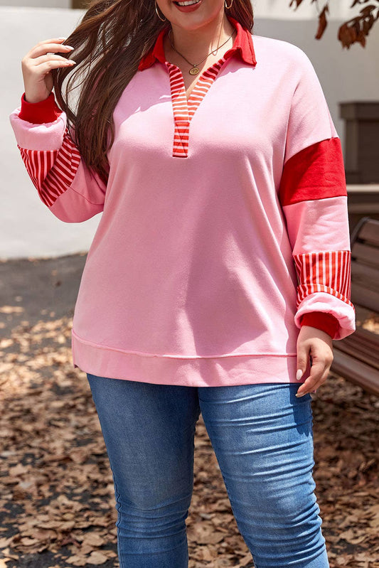 Striped Patchwork V Neck Sweatshirt