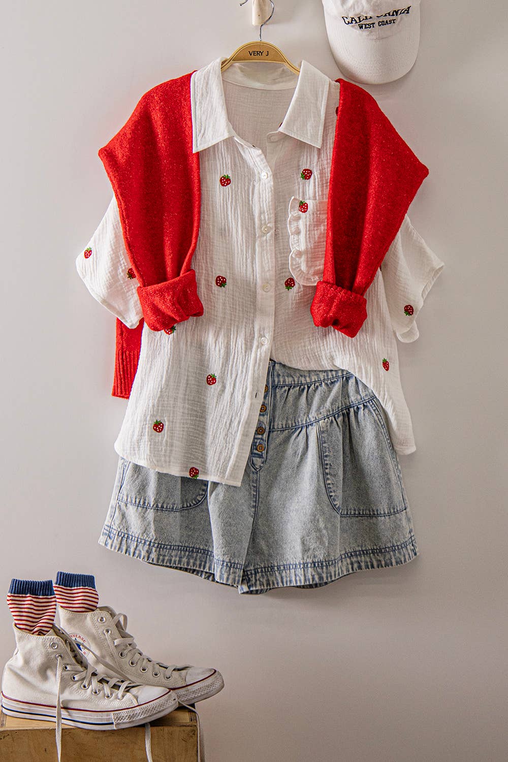 Strawberry Embroidered Oversized Gauze Shirt Top