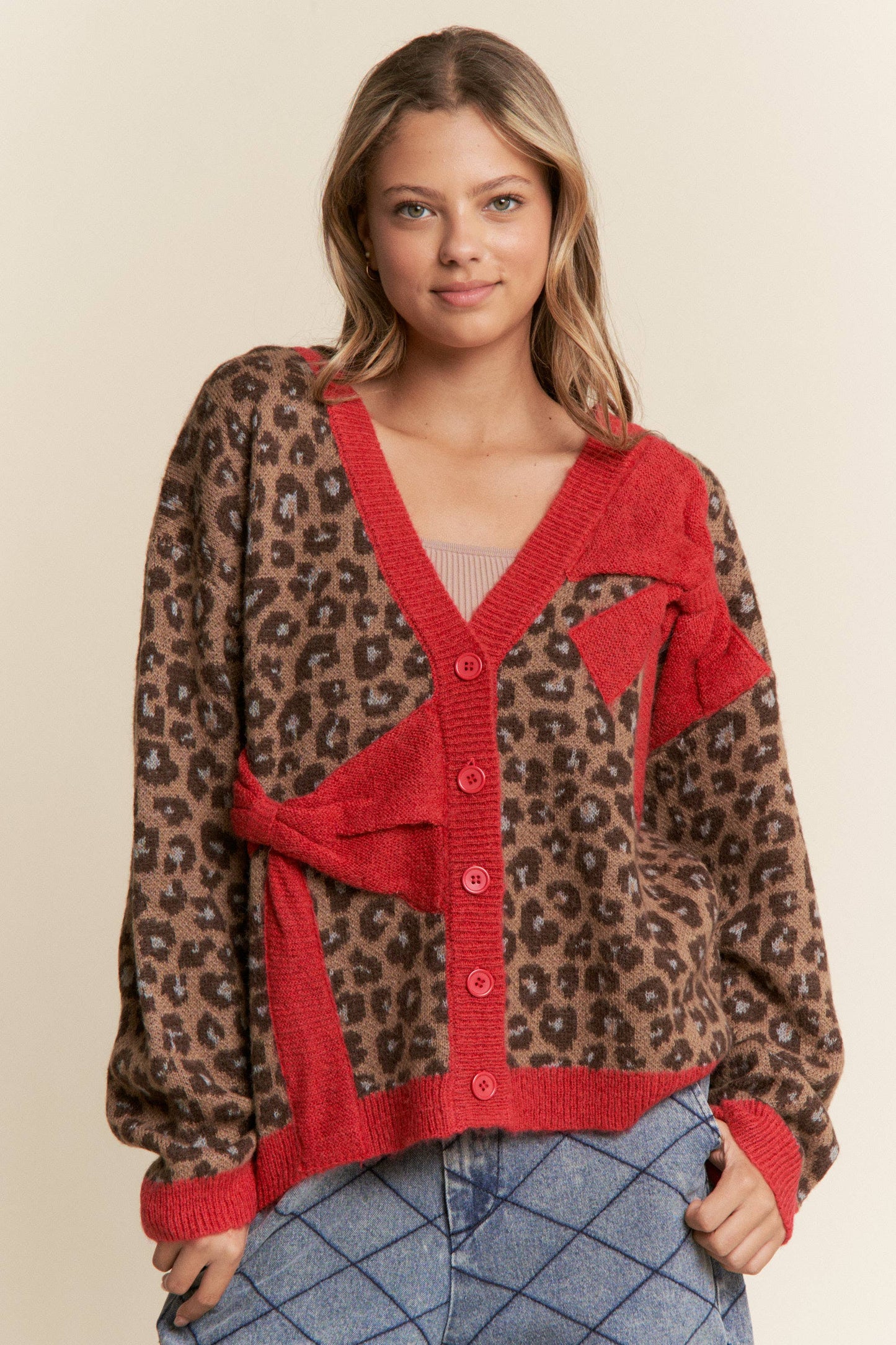 Cheetah Print Red Bow Cardigan