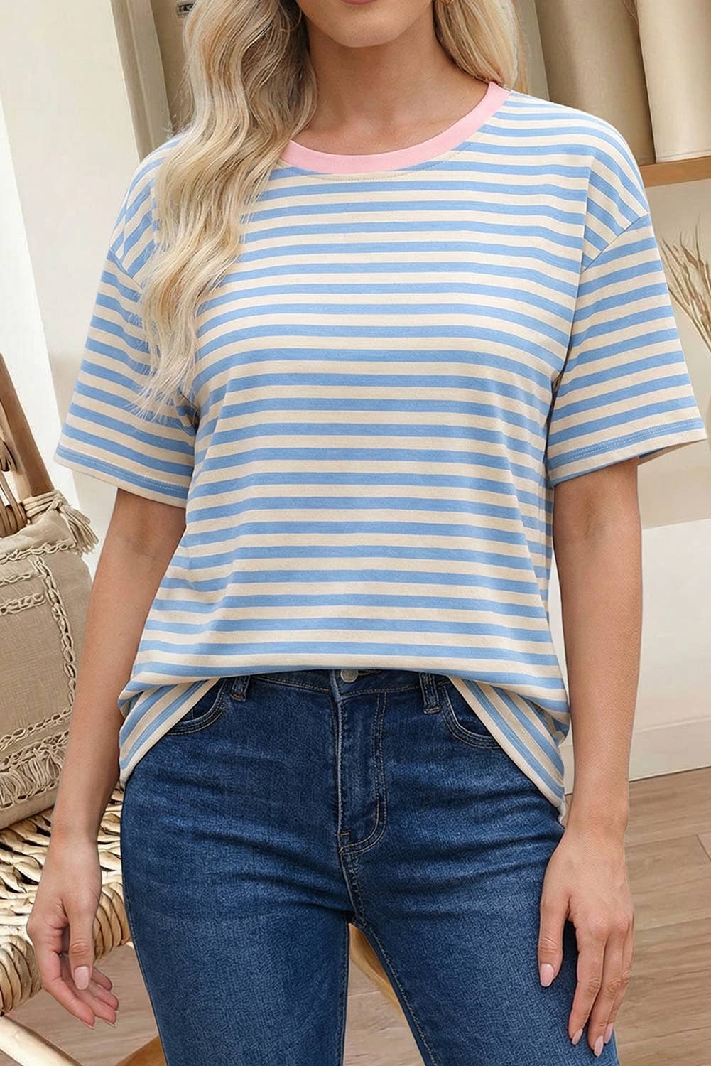Stripe Contrast Crew Neck Tee