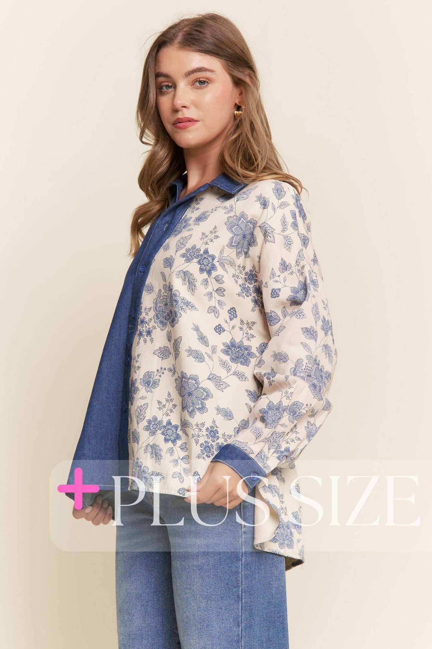 Denim Floral Print Color Block Button Up Top