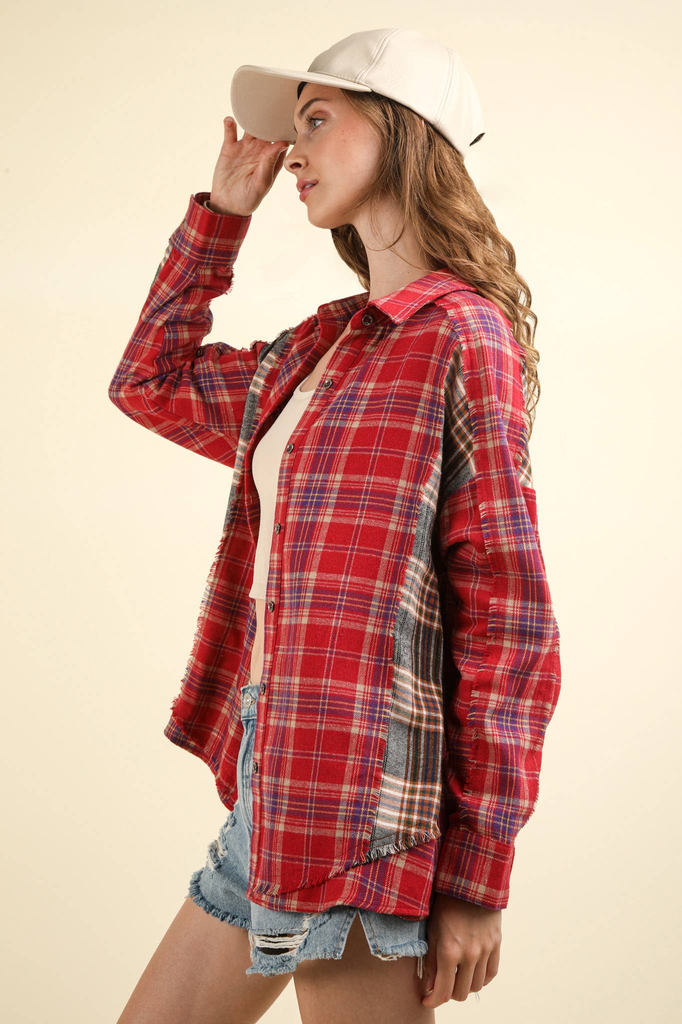 Contrast Plaid Detail Casual Shirt Top
