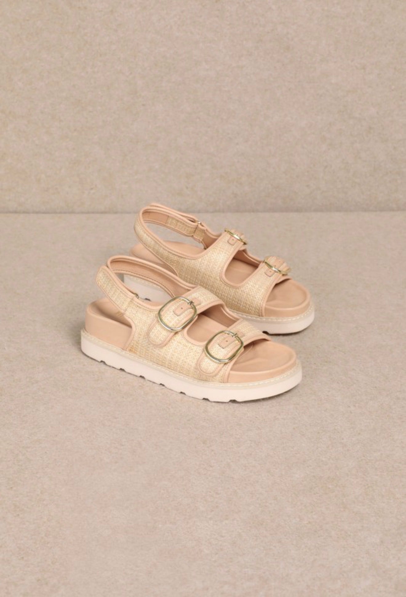Hallie - Dual-buckle Straw Effect Sandals