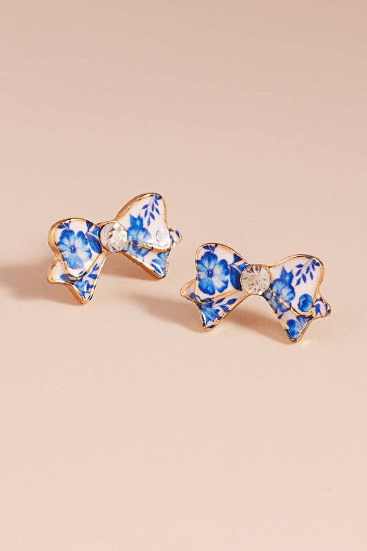 Flower Print Enamel Bow Earrings