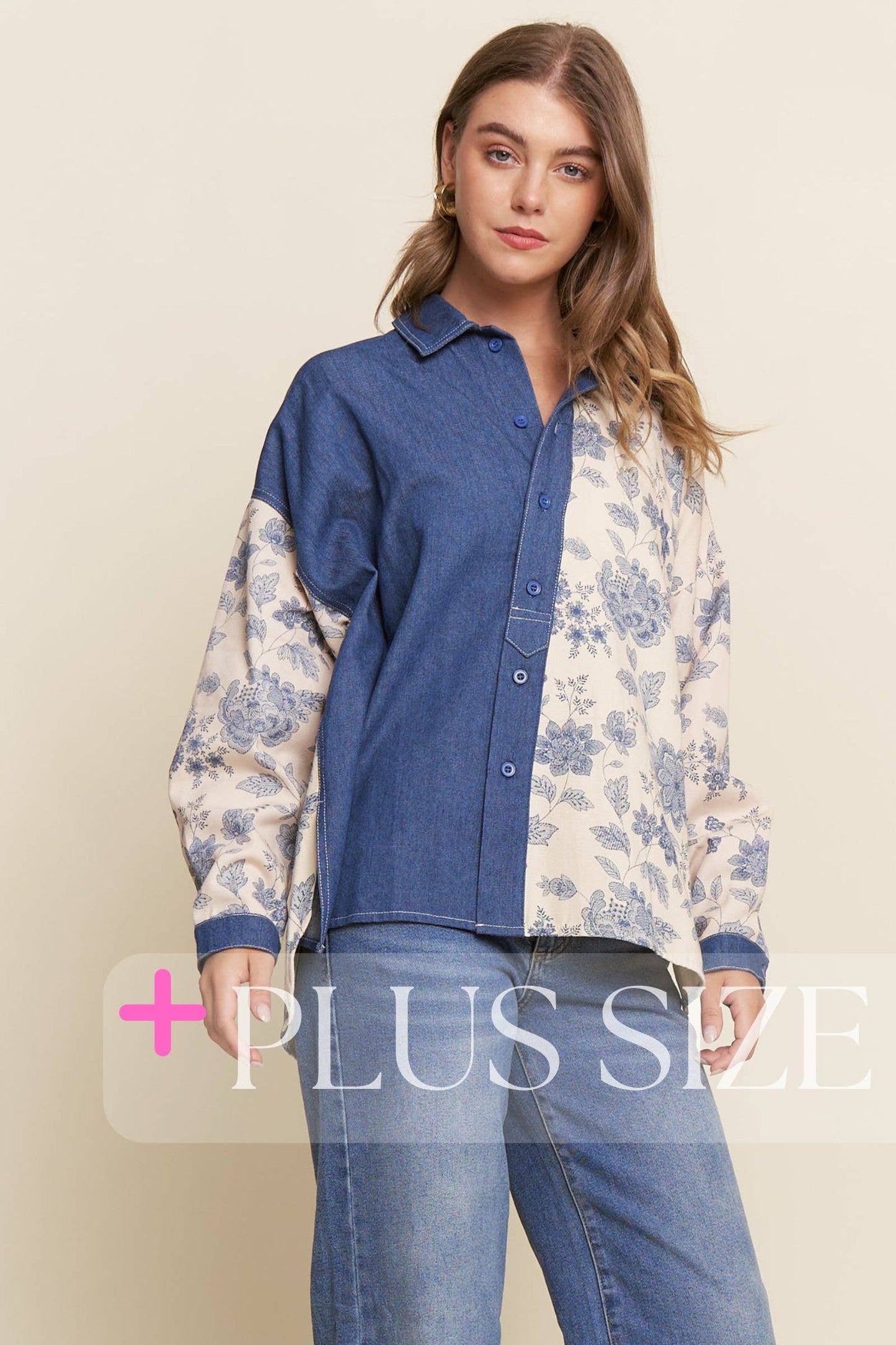Denim Floral Print Color Block Button Up Top