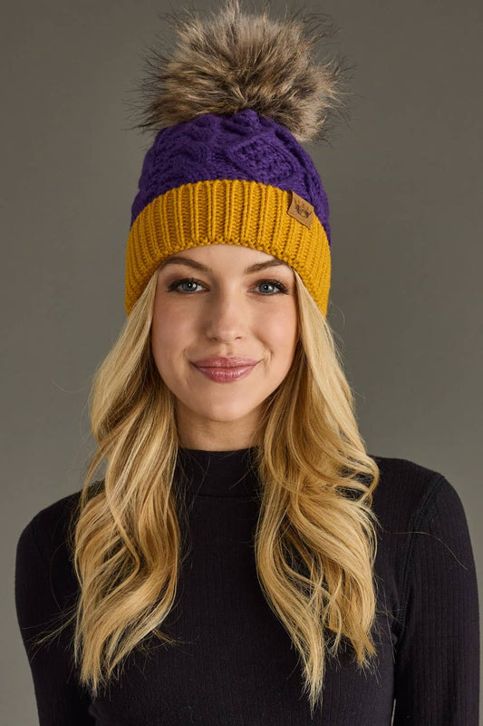 Purple & Gold Trim Cable Knit Pom Hat
