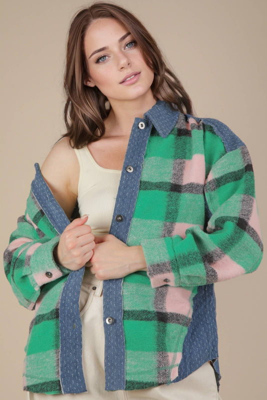 Textured Denim Contrast Plaid Shacket Jacket