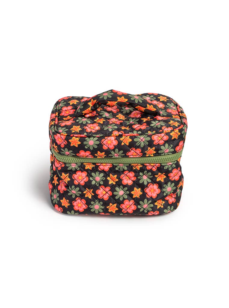 Cosmetic Travel Case / Makeup Bag - Flower Print - Black