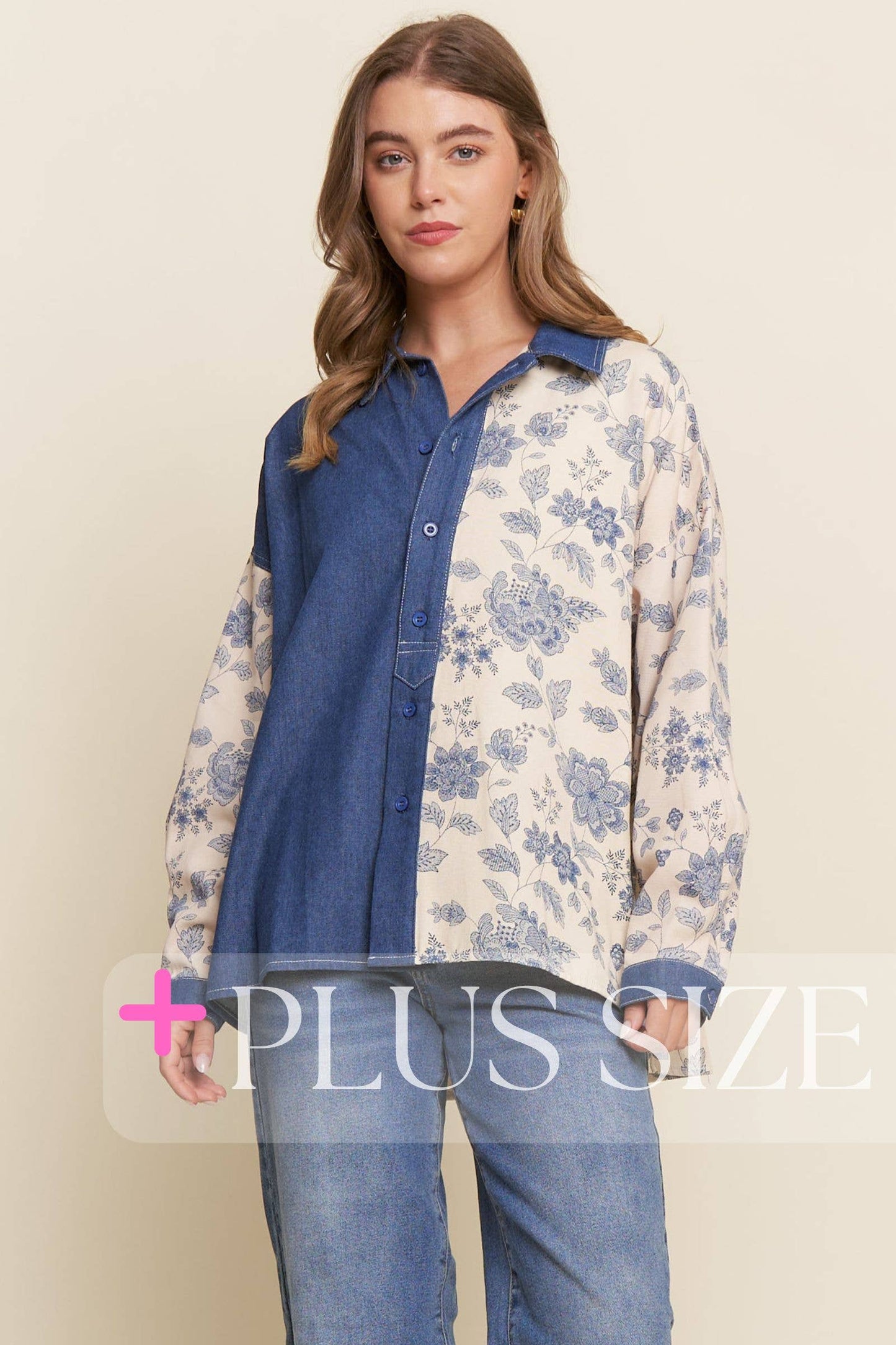 Denim Floral Print Color Block Button Up Top