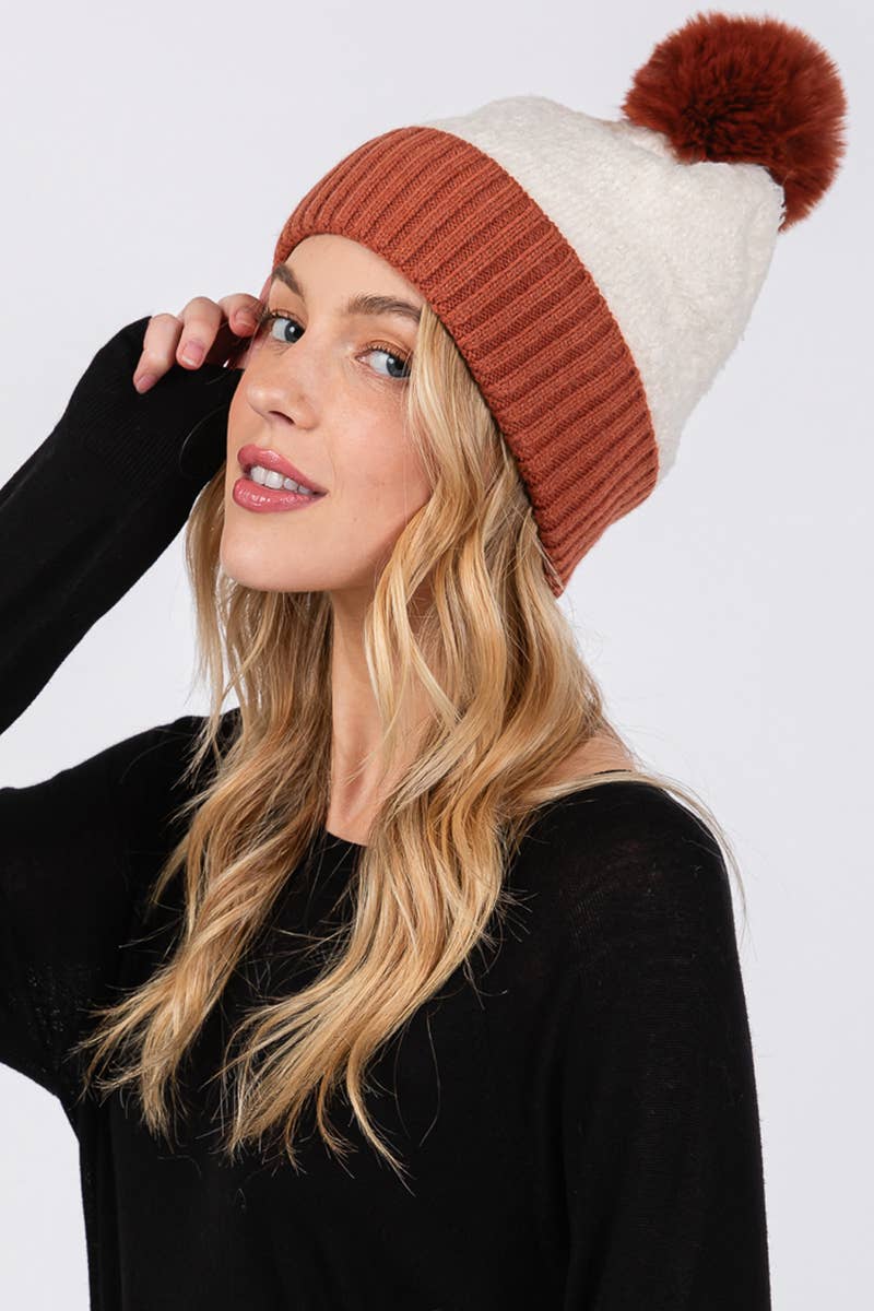 Two Tone Fleeced Pom Pom Beanie