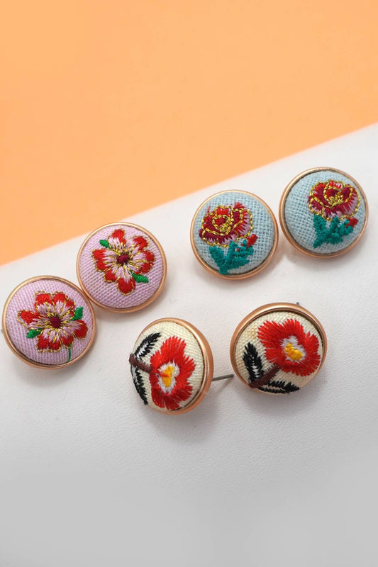 Floral Embroidered Stud Earrings