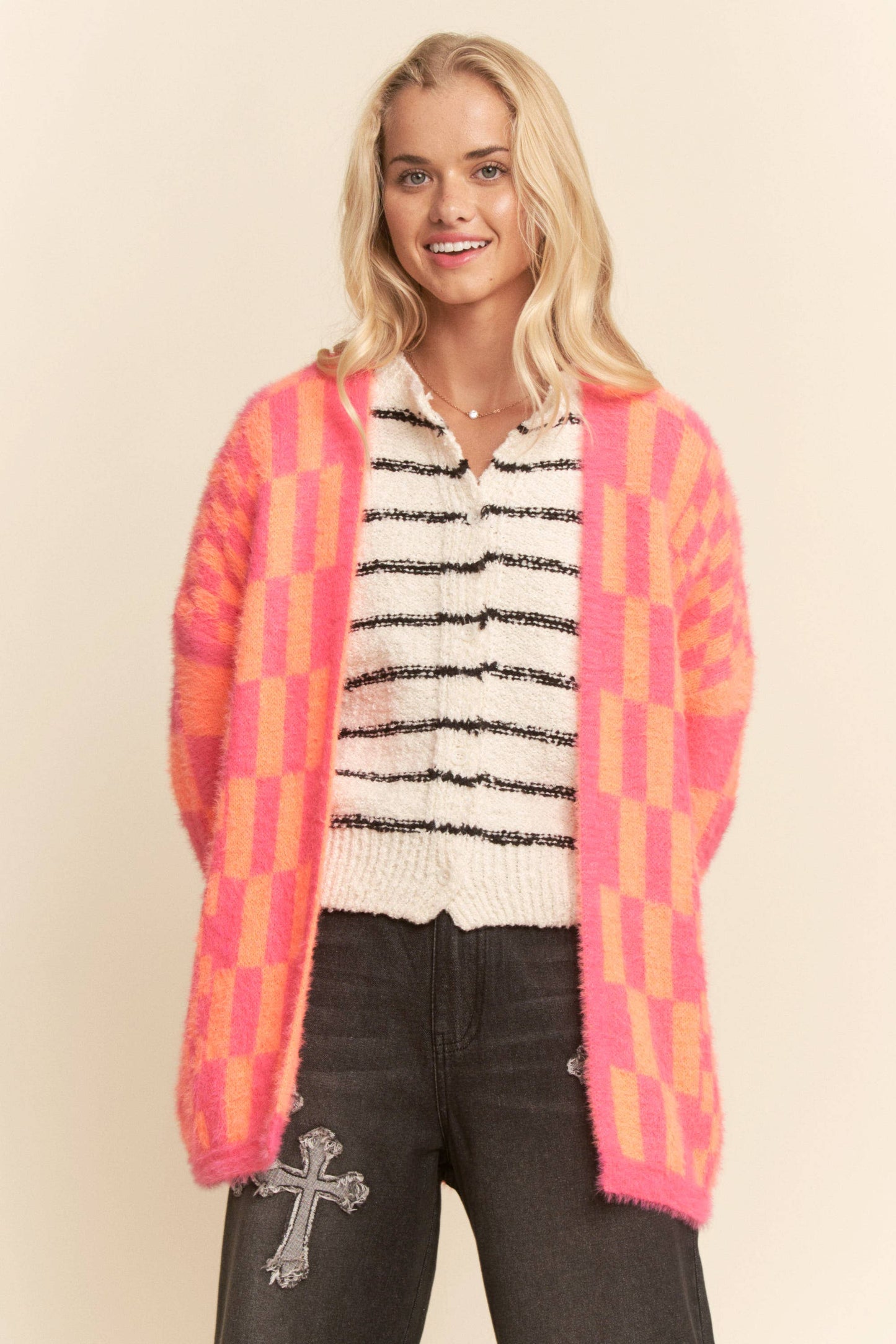 Pink and Orange Checkered Cardigan