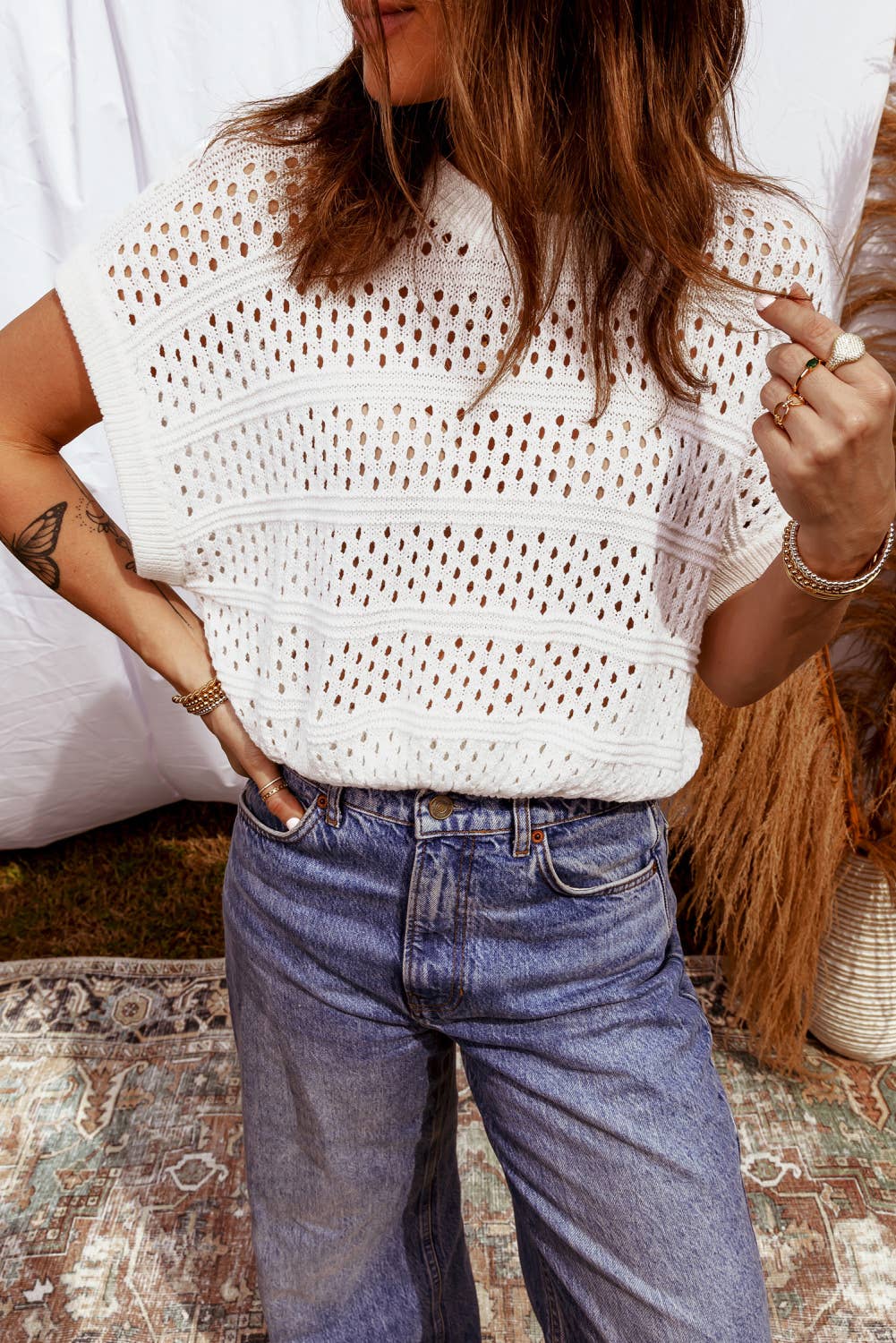 Hollow Out Knit Round Neck Dolman Sweater