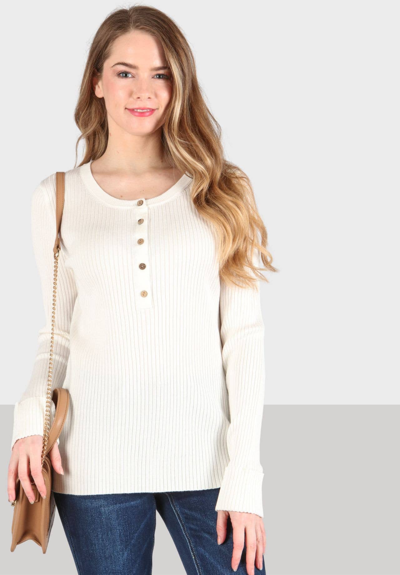 Knit Ribbed Long Sleeve Henley Top