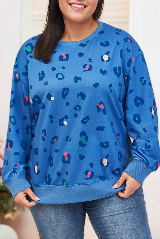 Leopard Ribbed Edge Drop Shoulder Pullover Sweatshirt