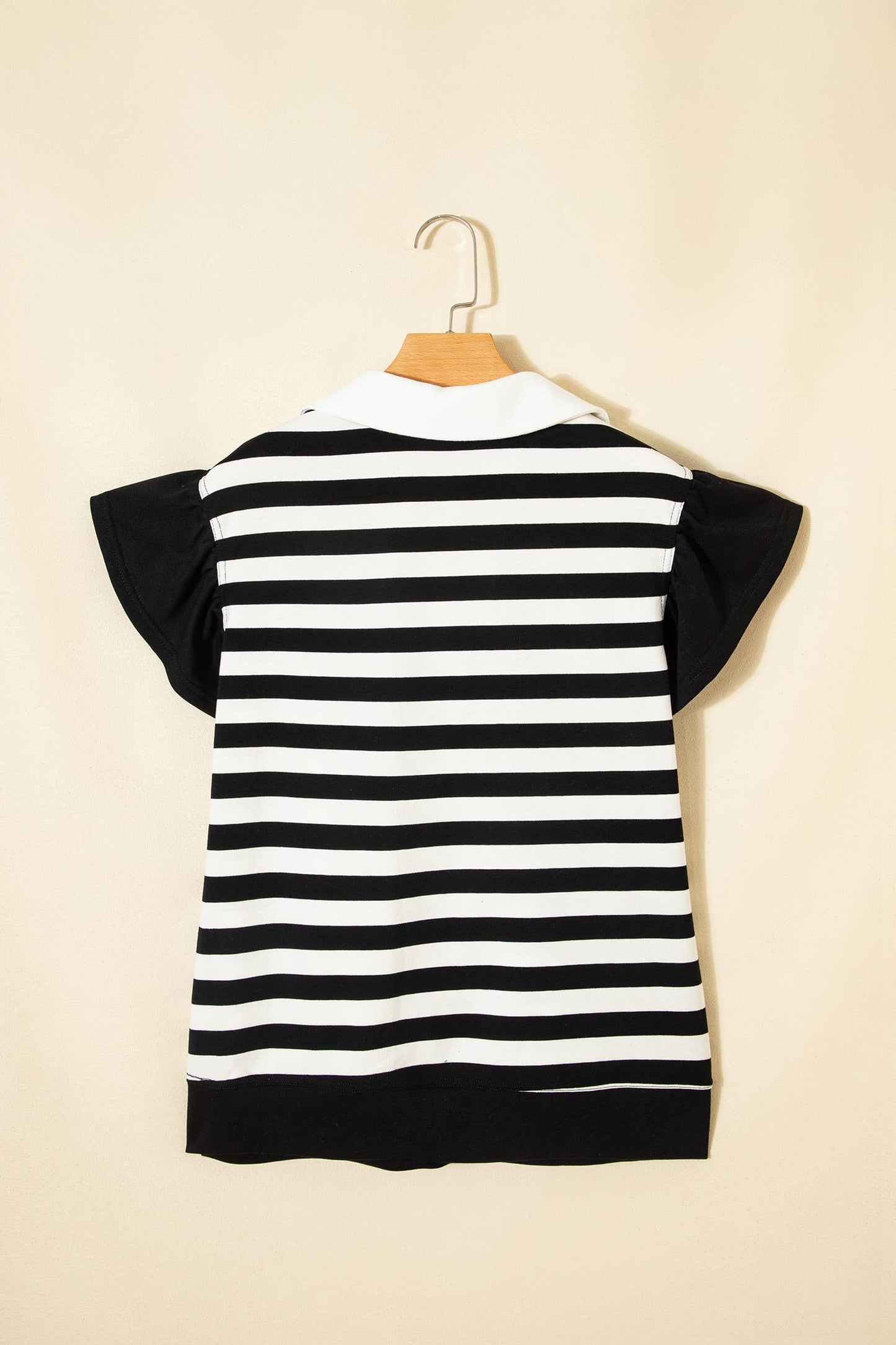 Stripe Collar V Neck Ruffled Short Sleeve Blouse