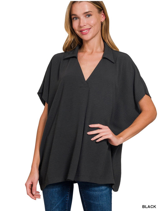 Woven Airflow Collared V-Neck Short Sleeve Stop in Black