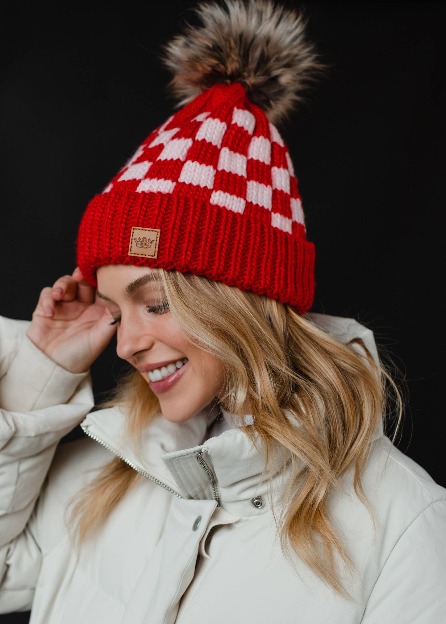 Red & Pink Checkered Pom Hat